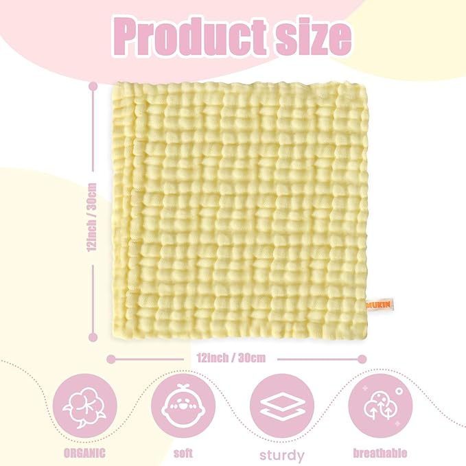 MUKIN Baby Washcloths - Natural Cotton Baby Wipes - Soft Newborn Face Towel and Washcloth for Sensitive Skin, Registry as Shower, 5 Pack 12x12 inches