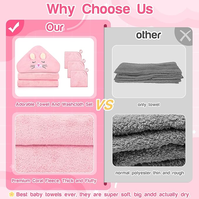 4 PCS Hooded Baby Towels, Absorbent Baby Bath Towel, Soft Baby Towels and 3 PCS Baby Washcloths for Newborns, Toddlers, and Kids, 32x32 in Baby Towel with Hood for Boy and Girl (Pink Kittens)