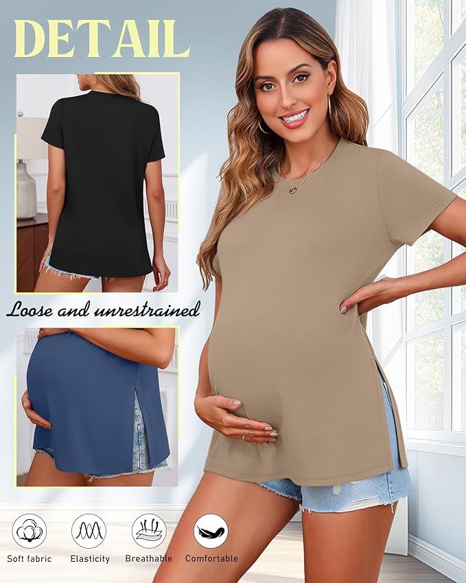 Ficerd 3 Pack Women's Maternity T Shirts, Short Sleeve Side Split Pregnancy Tops Casual Crew Neck Pregnant Tees Mama Clothes