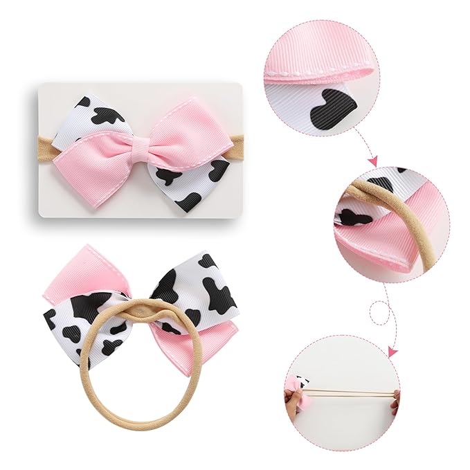 Fancheer Baby Girls Cowgirl Pink Cow Bow Headband Infant Toddler Birthday Party Hair Accessories