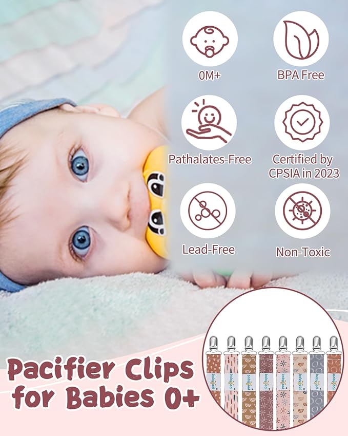 Rainbow Pacifier Clips, 8 Pack Binky Paci Holder Clips Fits for Most Pacifiers and Binkies 8PBM25-B