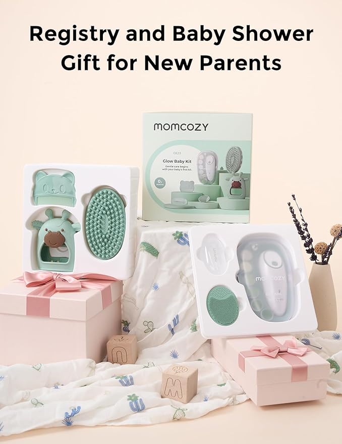 Momcozy Baby Kit, Baby Shower & Registry Essential Kit for Grooming & Cleansing Care, Includes Electric Nail File, Teether, Bath Brush, Cradle Cap Brush,Comb, Finger Toothbrush,Newborn Must-Have