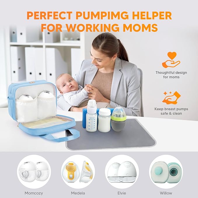 PIIOSER Breastmilk Cooler Bag with Ice Pack, Compatible with Wearable Breast Pumps & Accessories - Portable Breast Pumps Carrying Case for Nursing & Working Moms, Blue