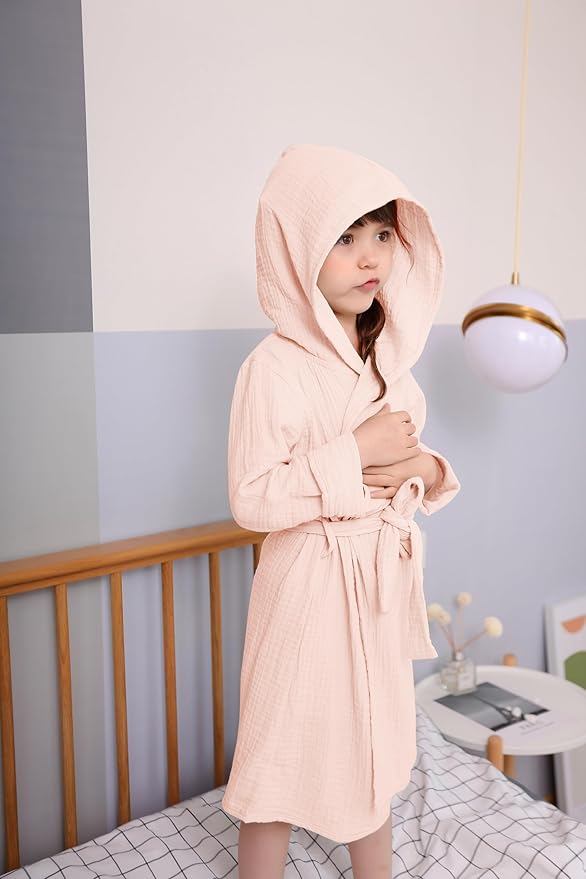 Organic Cotton Toddler Bathrobe, Soft and Breathable Baby Robe for Kid, Boy& Girl Hooded Robe Muslin