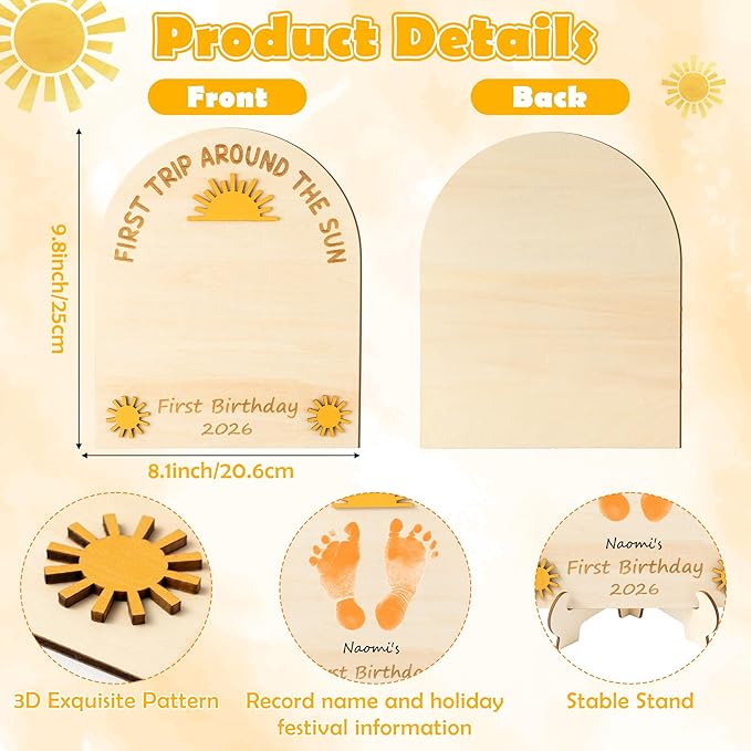 R HORSE 3D Baby's First Birthday Sunshine DIY Footprint or Handprint Art Sign, First Trip Around The Sun Wooden Hanging Decoration, Newborn Keepsake Craft Gift for 1st Birthday Baby Shower Photo Prop