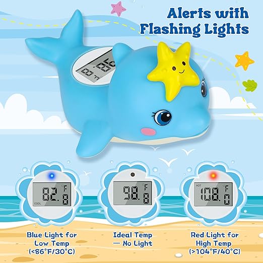 Baby Bath Thermometer, Dolphin Floating Bath Thermometer Baby for Newborns, Waterproof Bath Temperature Monitor with Hot & Cold Safety Alert, Water Temperature Monitor for Baby