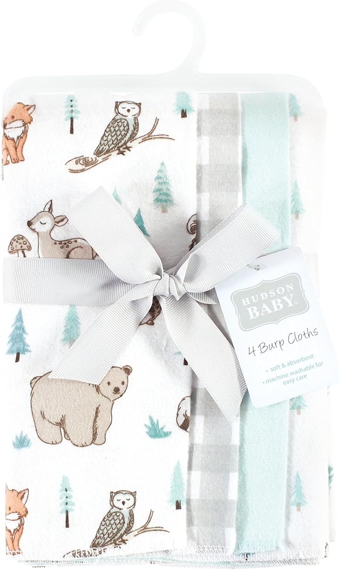 Hudson Baby Cotton Poly Flannel Burp Cloths Multipack, Neutral Woodland Pals 8-Pack, One Size