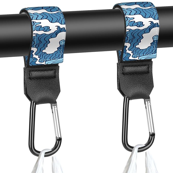 Stroller Straps, Mommy Hooks Diaper Bags, Universal Shopping cart, Wallet, Backpack - 2 Packs (Waves)