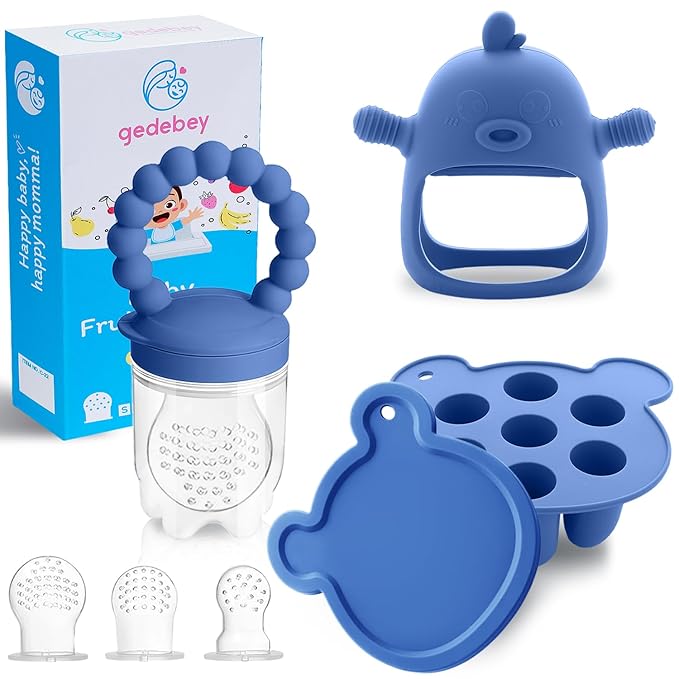 Baby Fruit Feeder & Breastmilk Popsicle Mold Set – 3 Pack Silicone Teething Relief Kit with Food Feeder Pacifier, Freezer Tray with Lid & Baby Teether (Steel Blue)