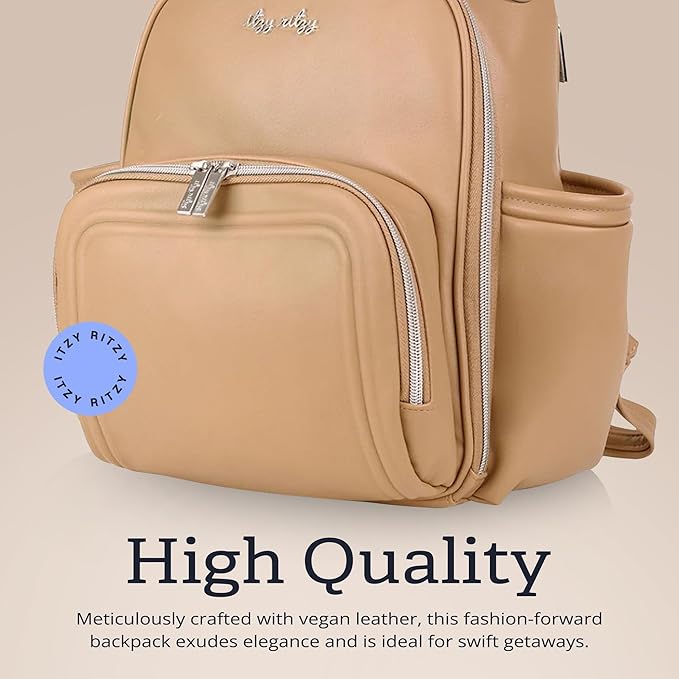 Itzy Ritzy Mini Diaper Bag Backpack – Chic, Compact Mini Plus Backpack with Changing Pad, 10 Pockets (6 Internal, 4 External), Grab-Top Handle & Rubber Feet (Chai)