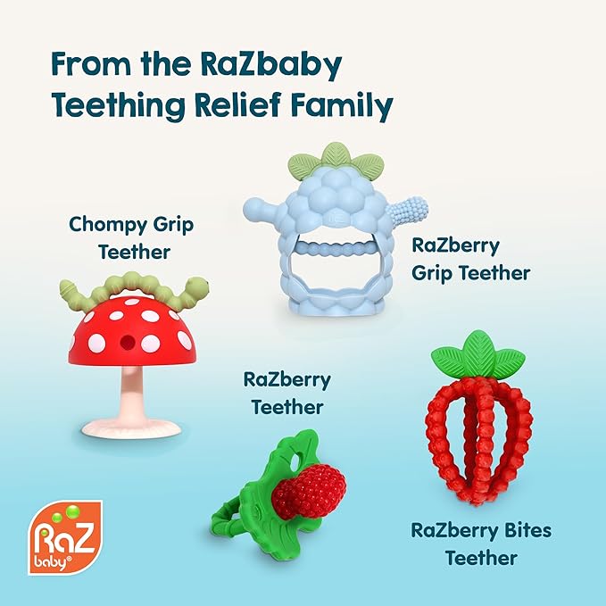 RaZbaby Soft Silicone Infant & Baby 3M+ Teether Toy Massaging Bristles Teething Relief Pacifier - Soothes Sore Gums - Hands-Free & Easy-to-Hold Chompy Teether, BPA Free (RED/Blue)