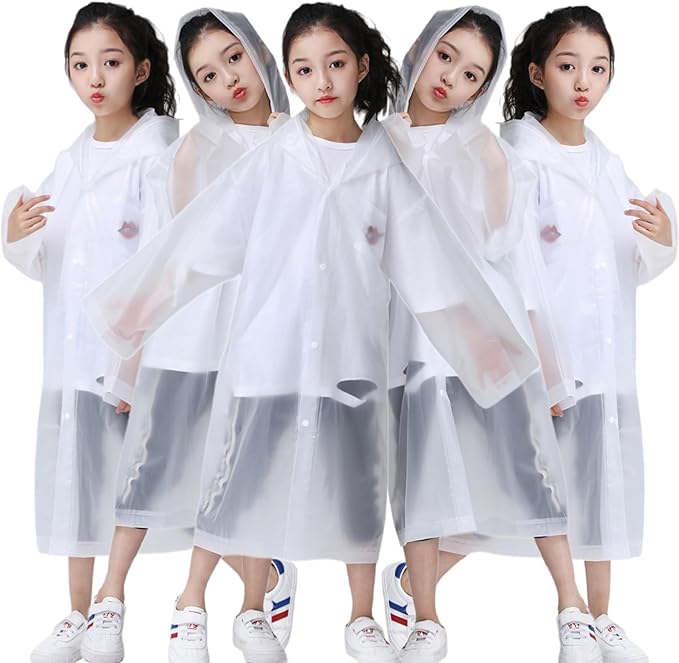 Raincoat Rain Poncho for Kids, 2-5 Pack Reusable EVA Rain Coats for 6-14 Boys Girls, Rain Jackets Gear with Hood