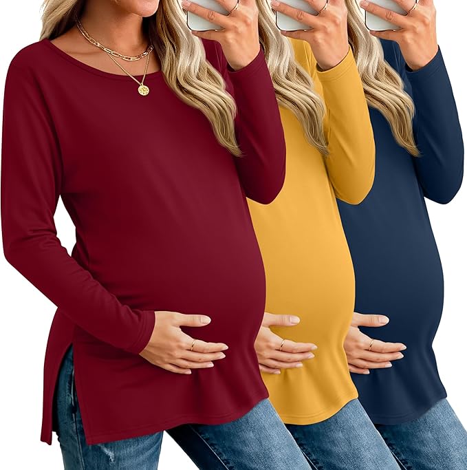 Riyiper 3 Pack Women's Maternity Long Sleeve T-Shirts Round Neck Side Split Tops Loose Casual Pregnancy Mama Clothes Fall