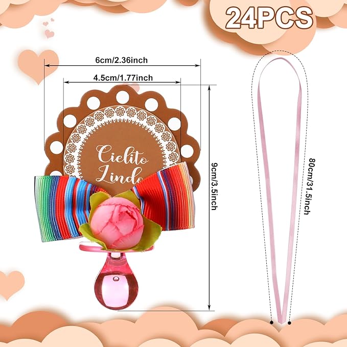Landical 24 Pcs Cielito Lindo Party Pacifiers Necklaces Mexican Baby Shower Pacifiers Decorations Acrylic Pacifier Necklaces for Adults Guest Baby Shower Party Supplies Gifts Table Scatter Decorations