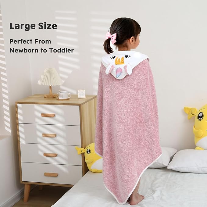 Super Soft Baby Hooded Towel, Cute Animal Bath Towels Ultra Absorbent 34x34 Inch for Newborn Infant,Toddler, (Unicorn) (Pink)