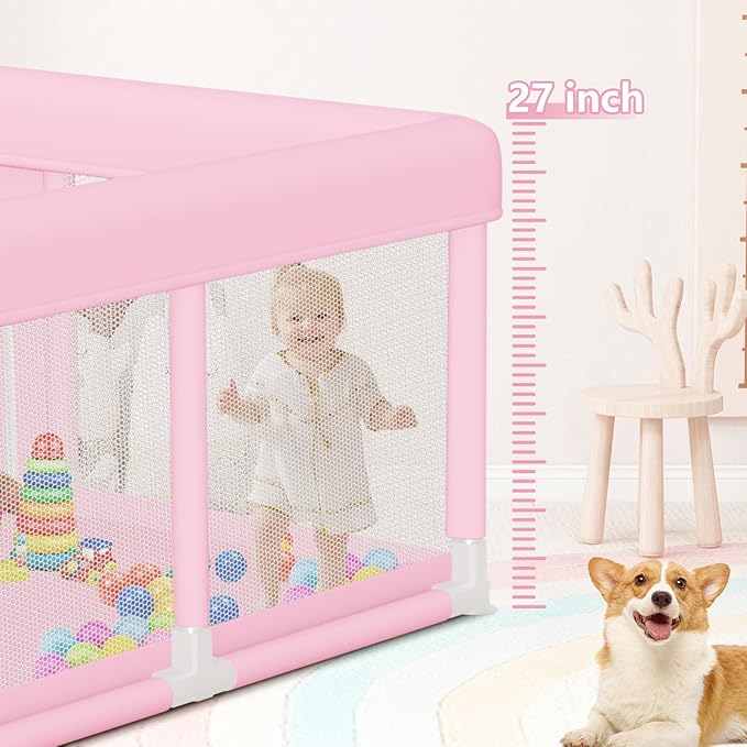 Large Baby Playpen 74"x50", Baby Girl Play Pen for Babies and Toddlers Pink, Safe Structure and Soft, Skin-Friendly Fabric with Zipper Gates