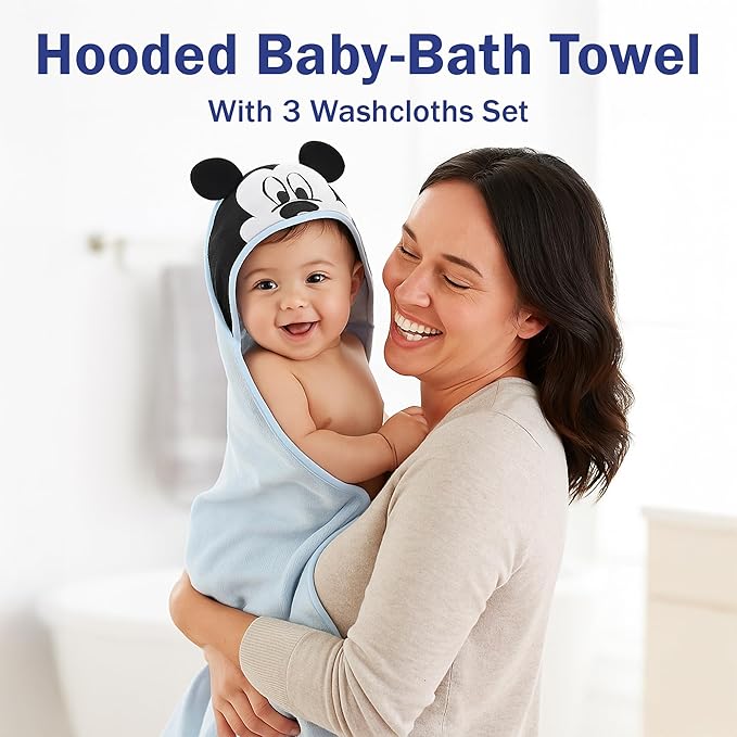 Disney Baby Boys Mickey Mouse Hooded Bath Towel with 3 Washcloths Set for Newborn and Infants