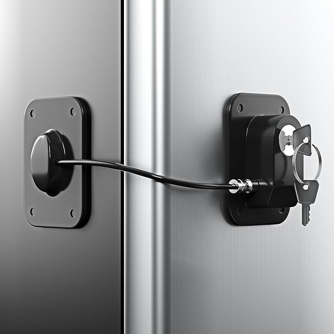 Refrigerator Lock 2 Packs, Fridge Lock with Silicone Wire Protection Fridge Locks for Kids Easy to Use and Install Cabinet Locks with Key, Black