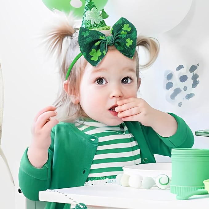 YanJie Baby Bows Nylon Green Bow Headbands for Infant Girls Shamrock Clover Headband Newborn Toddler Headband St Patricks Day Hair Accessories White