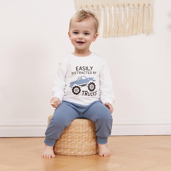 WZTYYDS Toddler Baby Boy Fall Clothes Letter Truck Long Sleeve Pullover Sweatshirt Tops Joggers Pants Set Winter Outfits
