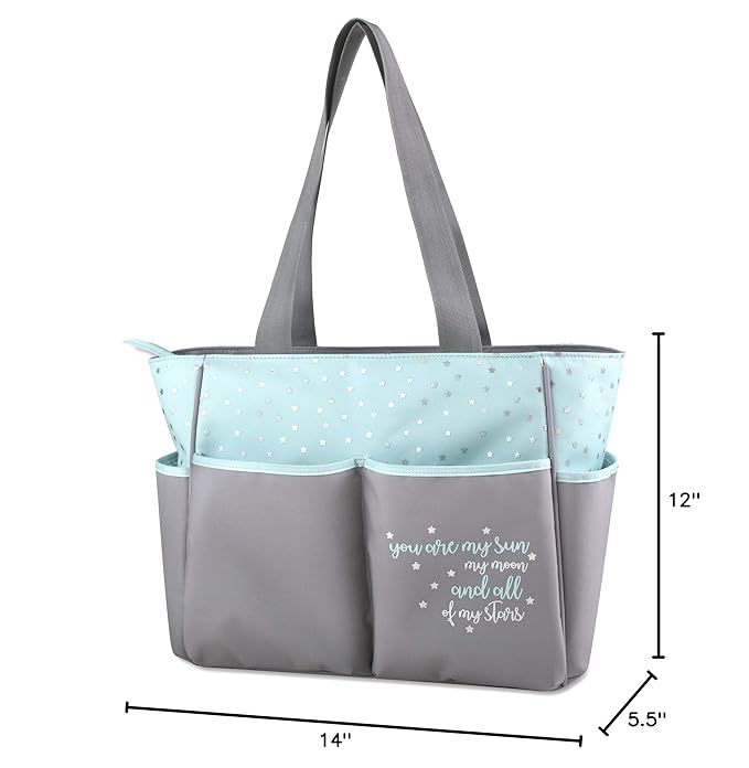 Baby Essentials Diaper Bag Tote 5 Piece Set with Sun, Moon, and Stars, Wipes Pocket, Dirty Diaper Pouch, Changing Pad (Grey/Aqua)
