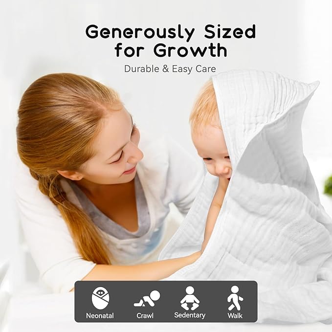 Baby Hooded Towels for Babies and Toddlers, Muslin Baby Bath Towel Soft and Absorbency for Boys and Girls (White 2 Pack)