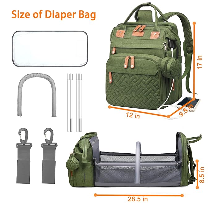 Baby Diaper Bags with Changing Station, Waterproof Diaper Bag Backpack for Moms Dads with USB Charging Port, Baby Shower Gifts, Large Capacity diaper backpack, Green