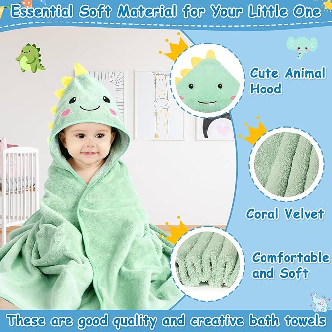 8 Pcs Baby Towel and Washcloths Set, Soft Baby Towels, 2 Pcs 32x32 in Cute Baby Towel with Hood and 6 Pcs Baby Washcloths for Infants, Toddlers and Kids (Green Elephant & Dinosaur)