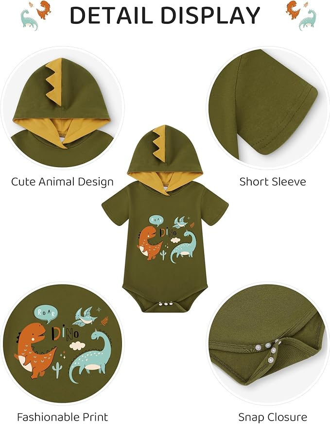 Newborn Boy Summer Outfits Animal Print Short Sleeve Romper with Hoodie & Pants Infant Clothing Set