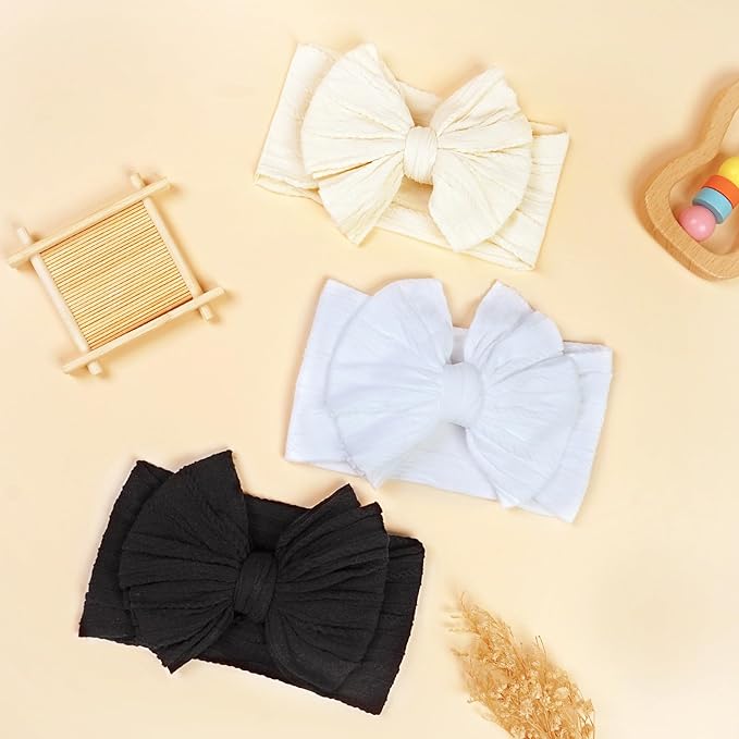 JOYOYO 3 Pcs Soft Wide Turban Baby Headbands with Double-Layer Bow for Baby Girls, Newborns, Toddlers(White, Beige, Black)