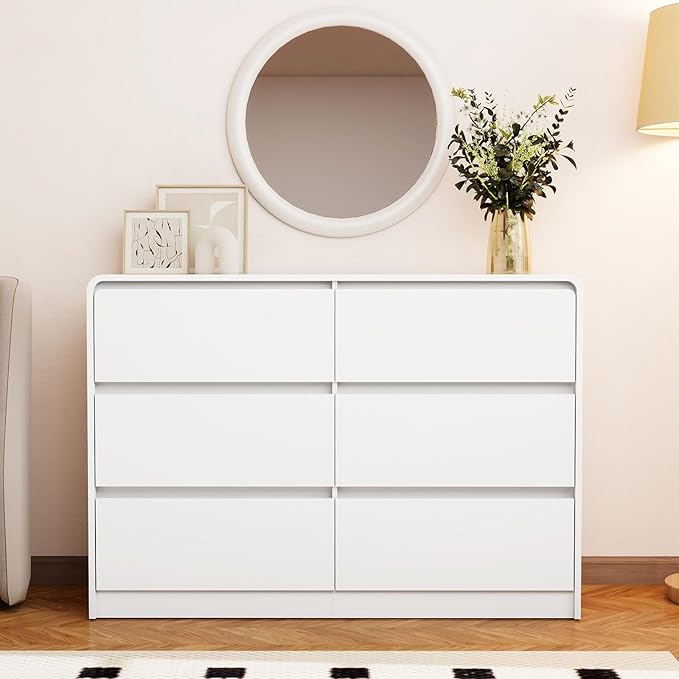White 6 Drawer Dresser for Bedroom,Modern Chest of Drawer with Curved Corner and No-Handle Design,Bedroom Storage Organizer Dresser for Closet,Hallway