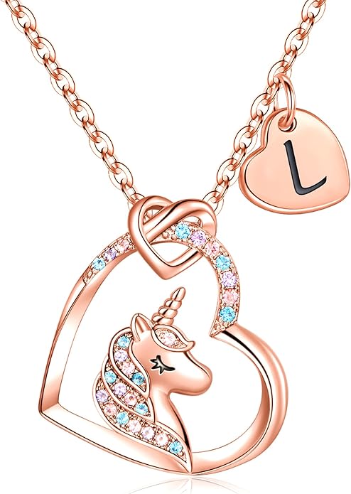 Hidepoo Valentines Gifts for Kids Girls - Unicorn Necklace Gifts for Teen Girls Kid, Colorful CZ Heart Pendant Initial Unicorn Necklaces for Girl Jewelry Birthday Gift for Girl Kid