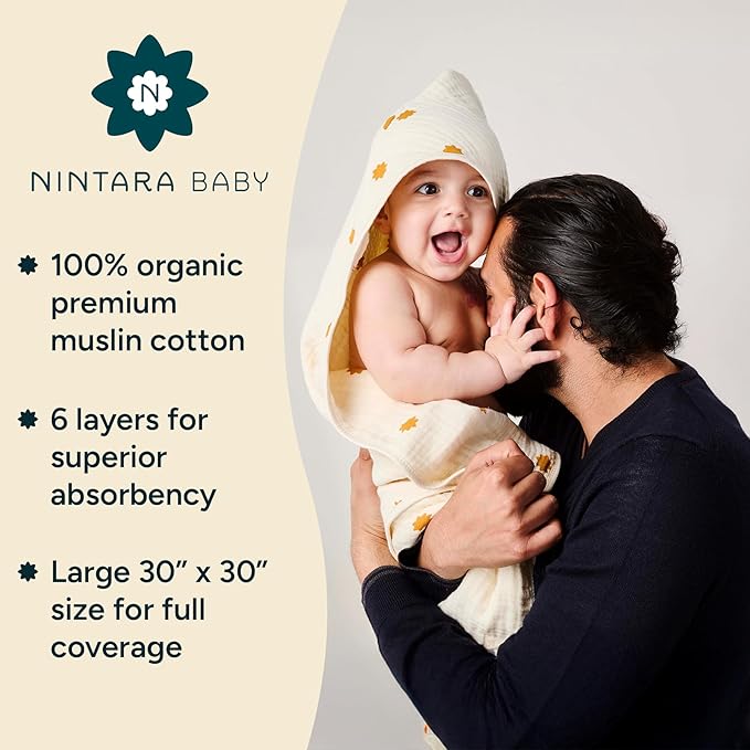 NINTARABABY Hands-Free Hooded Towel - 100% Organic Premium Muslin Cotton, 30" x 30", Ultra-Absorbent, Soft, Breathable, Hypoallergenic, Multipurpose, Gifts for Babies & Infants, Pack of 2