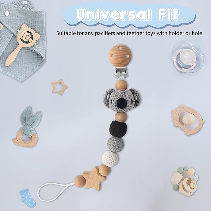 Pacifier Clip, 1 Pack Pacifier Holder Clip for Boys and Girls, Cute Koala Handmade Knitted Pacifier Holder Fits for Most Pacifier, Baby Teethers, Baby Shower and Baby Gift(Koala)