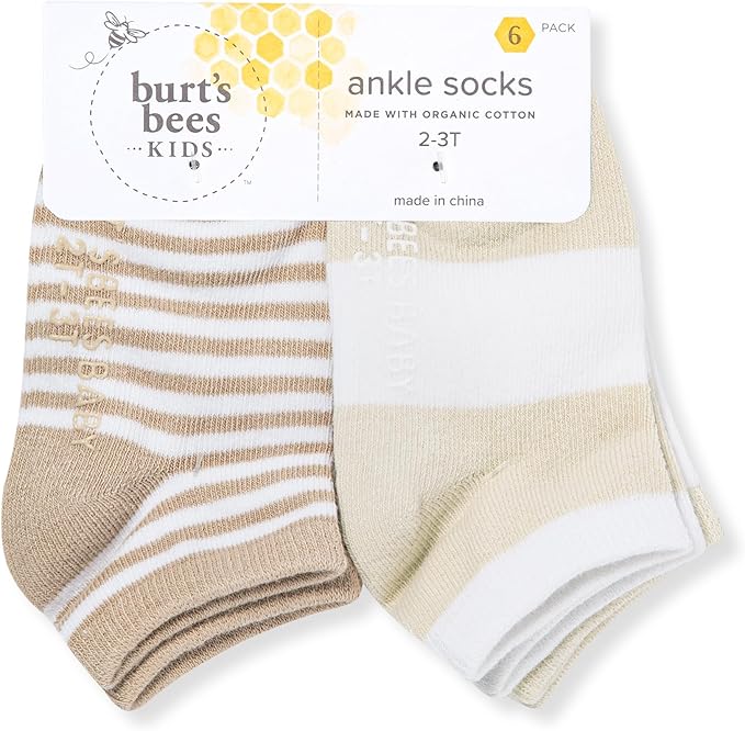 Burt's Bees Baby Baby Girls' Ankle Socks with Non-Slip Grips (6-Pack)