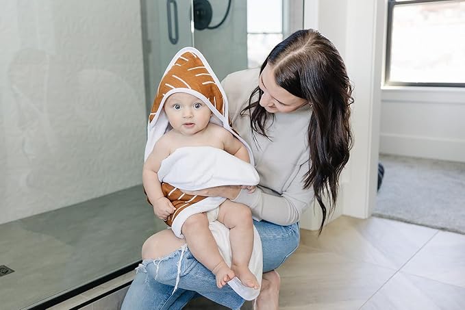 Mebie Baby Muslin Hooded Towel, Mustard Mudcloth, Cute Hooded Baby Bath Towel for Newborn, Infant & Toddler, Modern Baby Towels and Washcloths for Boy & Girl, Floral & Pattern Hooded Baby Towels