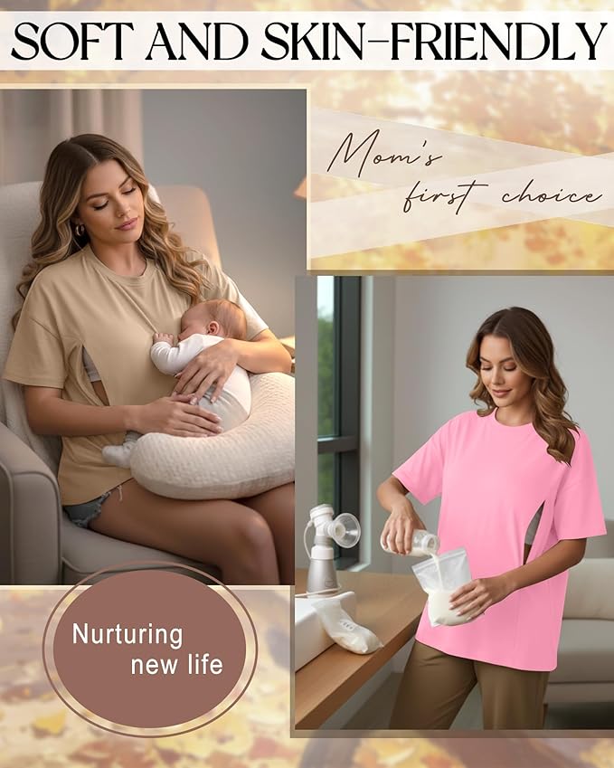 3 Pack Women's Oversize Nursing Breastfeeding Shirts Hidden Zipper Short Sleeve Loose Fit Maternity Tops
