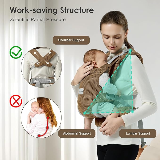 Baby Carrier Newborn to Toddler, Easy Adjustable Toddler Carrier for 7-30lbs, Baby Holder Wrap Carrier, Breathable Mesh Fabric Infant Kangaroo Hip Carriers with Lumbar Support, Brown