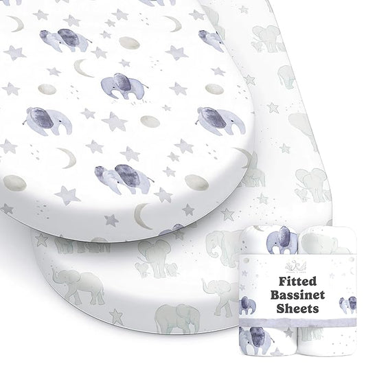 Baby Bassinet Sheets for Boy, Girl (Watercolor Elephants) 2-Pack - Fitted Bedside Bassinet Sheets - Buttery Soft Cotton Blend for Standard Mattress Pad - Compatible with Halo BassiNest