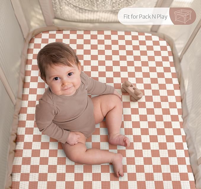 Blissful Diary Muslin Mini Crib Sheets, Pack and Play Mattress Sheets Fitted for Pack N Play, Soft Cotton for Boys Girls, 2 Pack(Brown Checkboard & Brown)