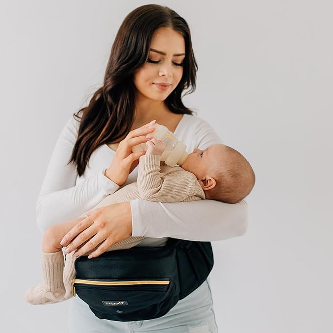 Tushbaby Original Hip Seat Baby Carrier for Babies & Toddlers up to 45 lbs, Safety Certified, Lightweight No-Foam Design with Storage & Nursing Support, Black & Gold