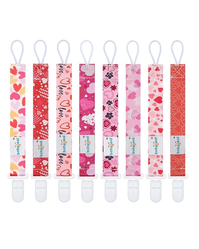 babygoal Baby Heart Pacifier Clips, 8 Pack Binky Paci Holder Clips Fits for Most Pacifier, Binkies and Valentine's Day Gift 8PB31-B