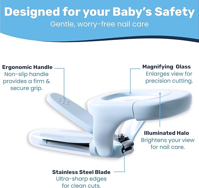 Baby Nail Clipper & File with LED Light, Fingernail Cutter with Catcher for Newborn, Infants & Toddlers- Magnifier for Ultra Visibility, Baby Essentials Nail Trimmer (Blue)