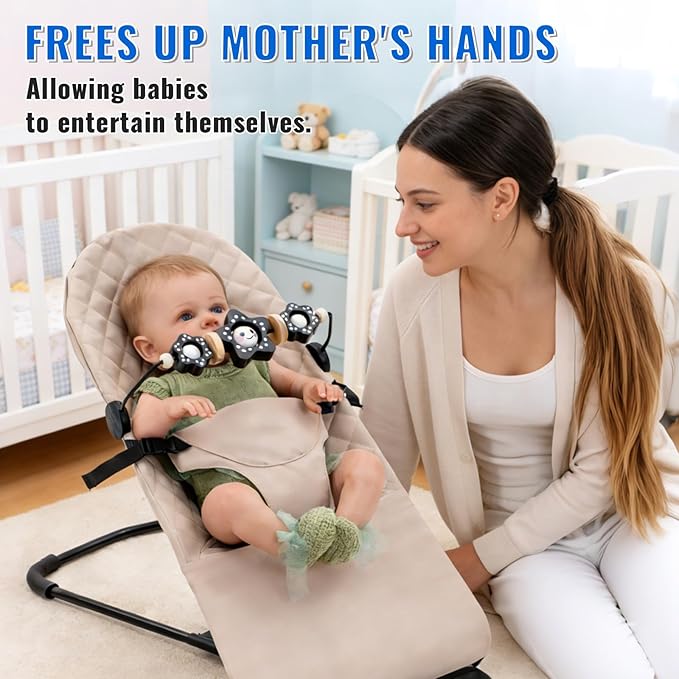 THE KENKYO Wooden Baby Bouncer Toy Bar Compatible with Baby Bjorn, Rotatable Bouncer Toy Attachment, Funny Sensory Toy for Newborn to Toddler, Easy to Attach and Remove (Black)
