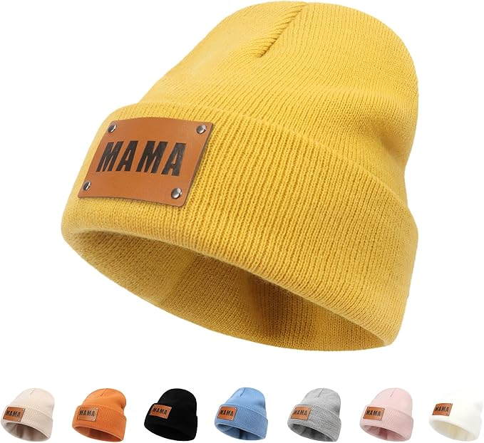 Personalized Name Baby Beanie Hat Leather Patch - Apricot Beanies Knit Hat Birthday Gifts for Kids Toddler to Adults