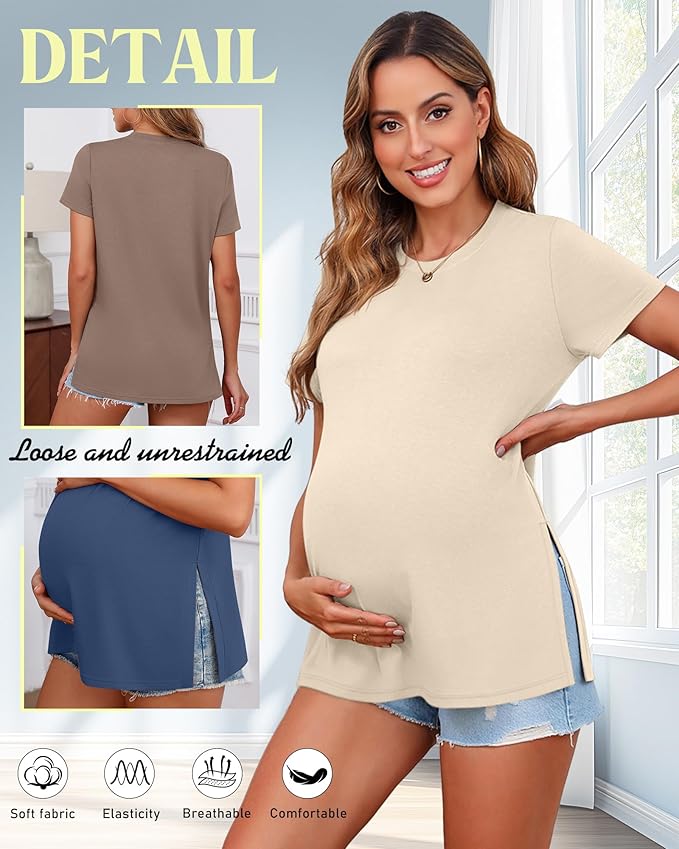 Ficerd 3 Pack Women's Maternity T Shirts, Short Sleeve Side Split Pregnancy Tops Casual Crew Neck Pregnant Tees Mama Clothes