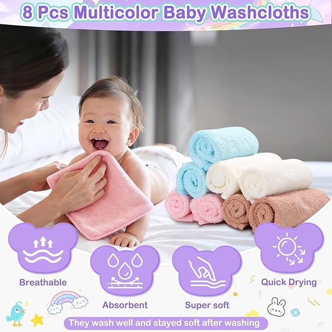16 Pcs Baby Towels Set, Baby Towels and Washcloths Set,4 Pcs Animal Hooded Baby Towels, 4 Pcs Baby Bibs & 8 Pcs Washcloths Set for Infants, Toddlers and Kids-Unicorns, Rabbits, Kittens & Chicks
