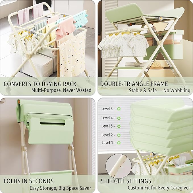 Changing Table, Portable Baby Changing Table with Wheels, Upgraded Foldable Diaper Changing Station with 5-Level Adjustable Height & Large Nursery Organizer Storage for Newborn Infant (Pink)