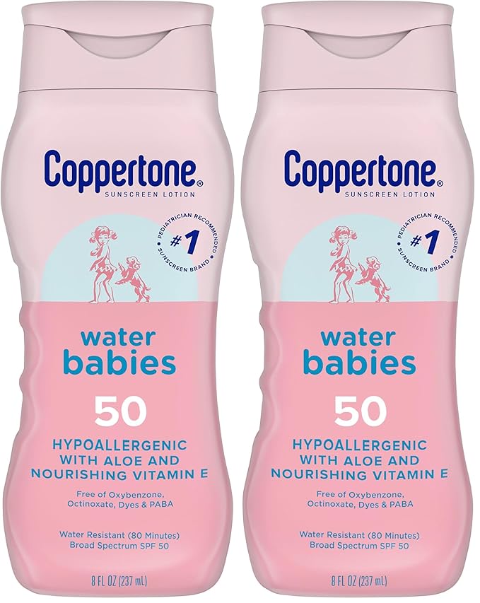 Coppertone WaterBabies Baby Sunscreen Lotion SPF 50, Hypoallergenic Sunscreen for Babies, Water Resistant, Pediatrician Recommended, 8 Fl Oz Bottle (Pack of 2)