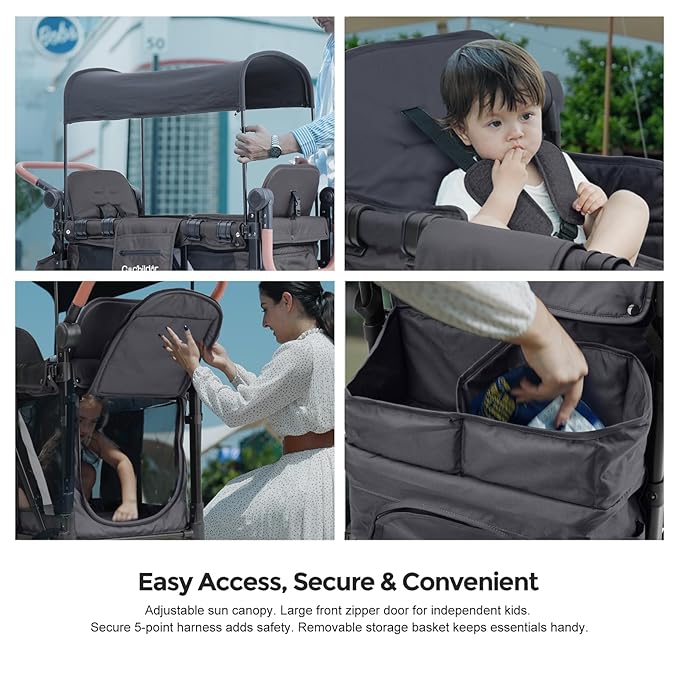 Premium 2 Seater Wagon Stroller for Kids, Foldable All-Terrain Stroller Wagon with Removable Seats, Adjustable 5-Point Safety Harness, Canopy, and Dual Handles, Dark Gray